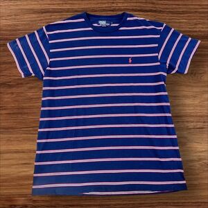 Vintage Polo Ralph Lauren Mens Striped T-Shirt Red Logo Blue White Casual‎ Top